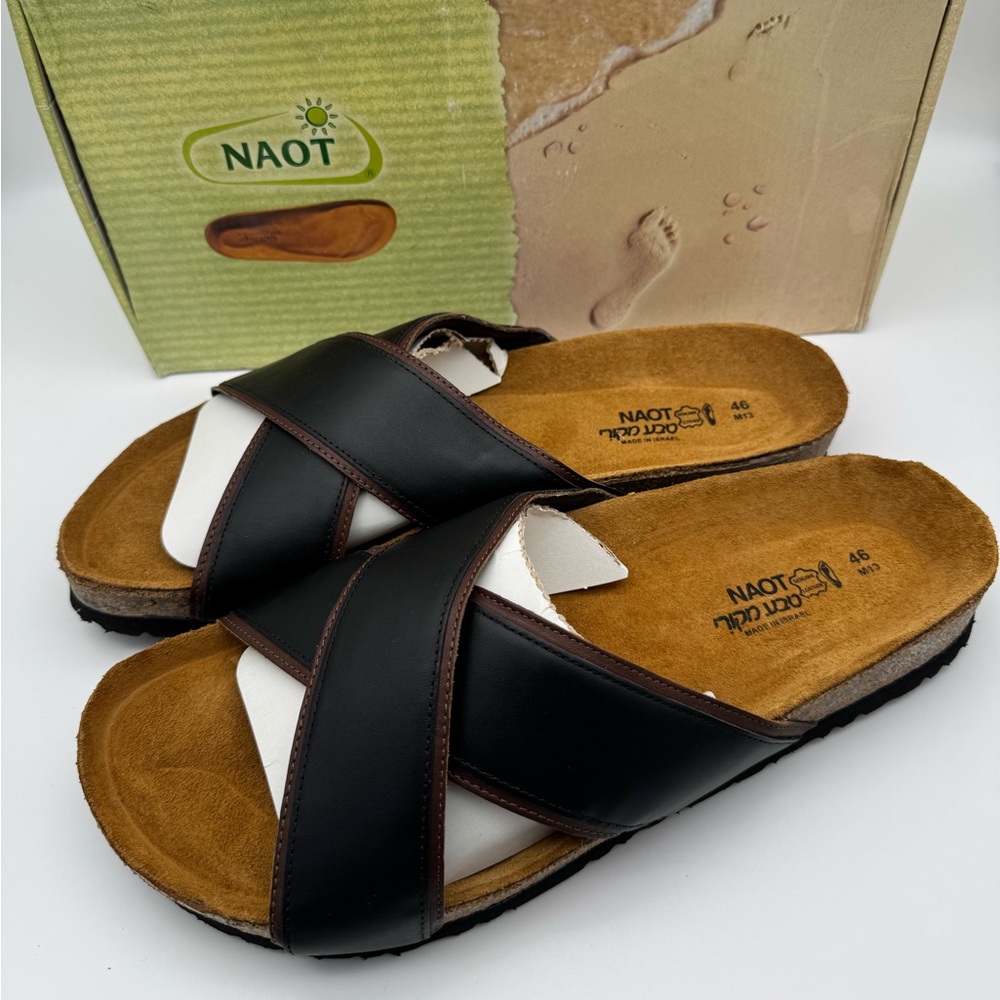 Naot Men’s Black and Brown Cross-Strap Slide Sandals